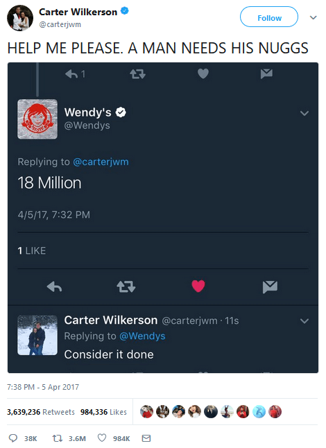 Carter Wilkerson on Twitter tweet has a little over 3.6 million RTs