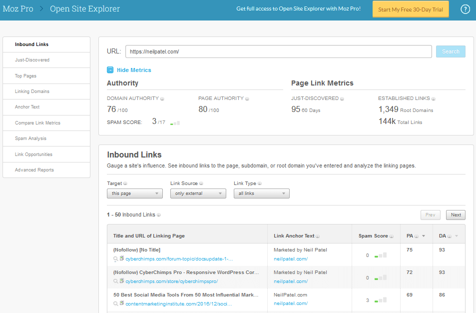 Moz Open Site Explorer is the best inbound link checker